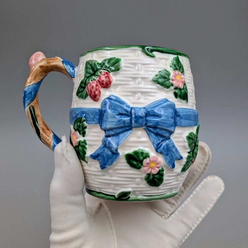 Vintage 1985 Haldon Group Strawberry & Blue Ribbons: 3-Piece Cottagecore Tea Set - Picture 5 of 12